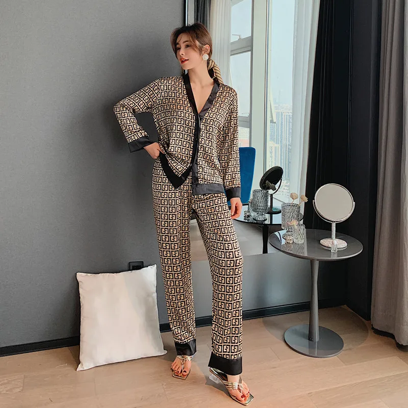 2021 Spring Women's Pajamas Set Luxury Gold Cross Letter Print Sleepwear Ice Silk Leisure Home Clothes Long Sleeve Mujer Pijamas