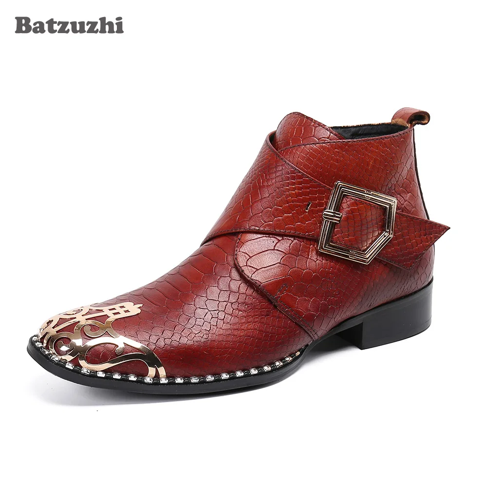 Batzuzhi Western Cool Men's Boots Shoes Special Metal Toe Genuine Leather Ankle Boots Men Buckle Zip Botas Hombre, Big Size 6-12