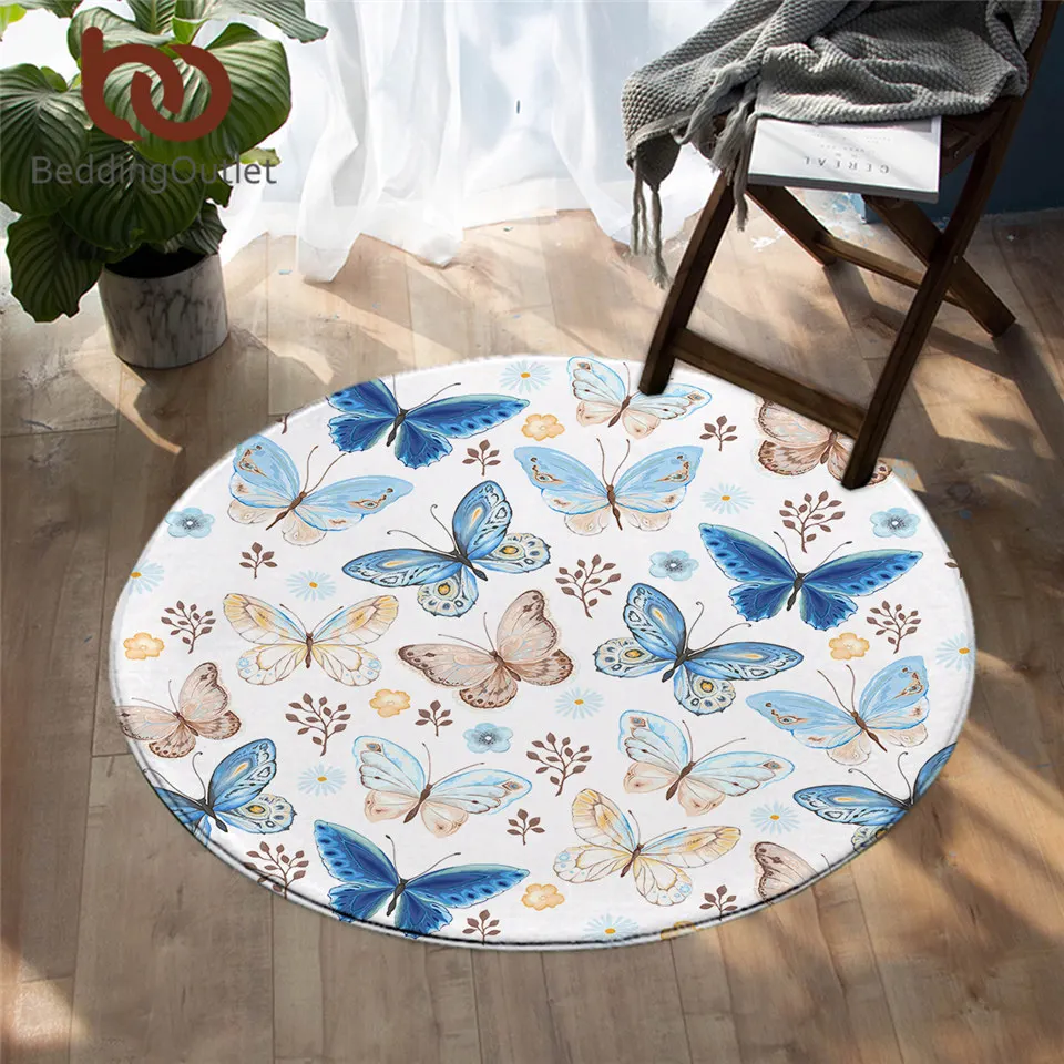 

BeddingOutlet Butterfly Round Carpet for Bedroom Colorful Area Rug Insect Print Anti-slip Floor Mat Polyester alfombra Dropship