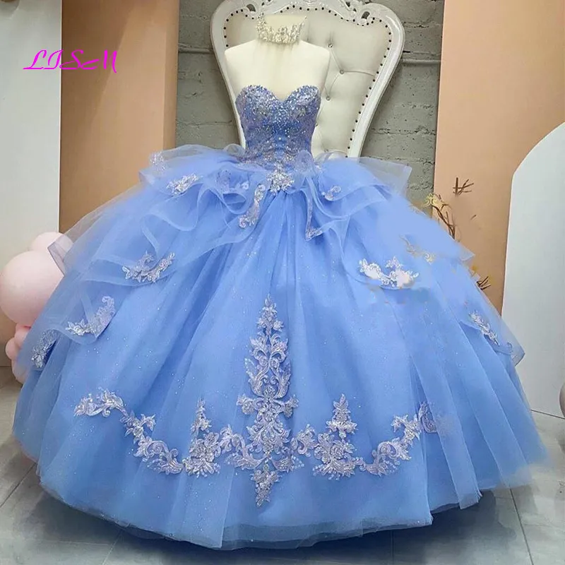 Gaun Dansa Bermanik Biru Terang Gaun Quinceanera Gaun Prom Panjang Berpayet Sweetheart Gaun Pesta Tule Bordir Applique