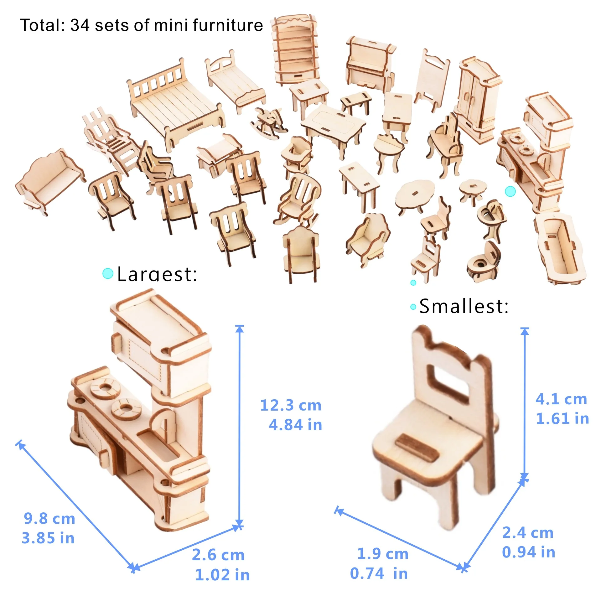 34PCS Set 3D Wooden Puzzle Toy 1:12 Mini Wooden Furniture 3D Building Model Doll House Accessories DIY Children Educational Toys