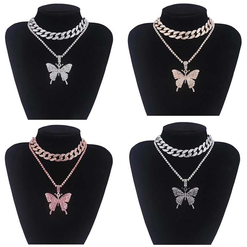 New Trendy Big Butterfly Pendant Necklace Rhinestone Hip Hop Necklace For Women Bling Cuban Link Chain Choker Jewelry Gifts