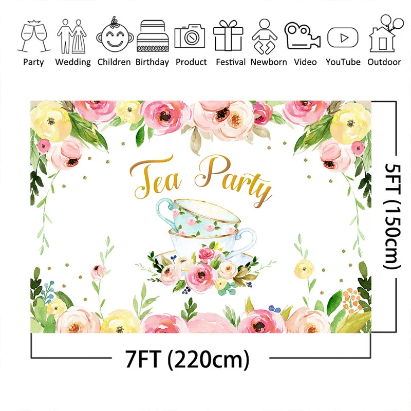 Tea Party Backdrop for Photo Flowers Children Newborn Bithday Party Baby Shower Banner Background for Decoration Supplies