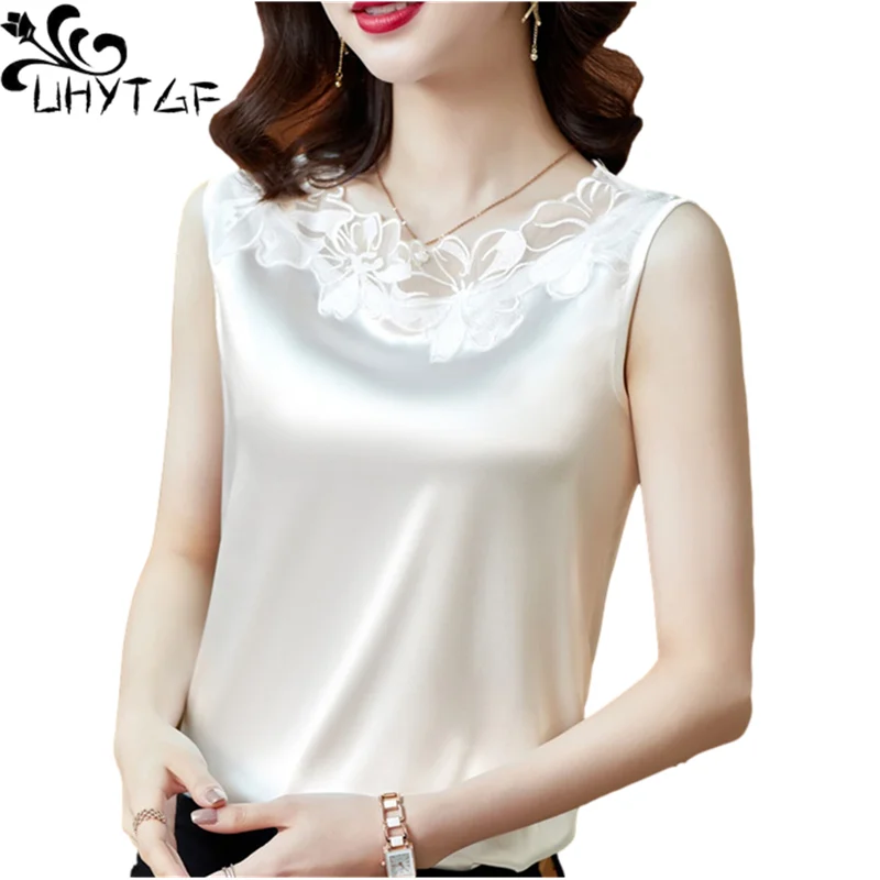 

UHYTGF Summer Vests Women Fashion Ice Silk Satin Sleeveless Tops Female Lace Stitching O Neck Pullover Big Size Waistcoat 1360