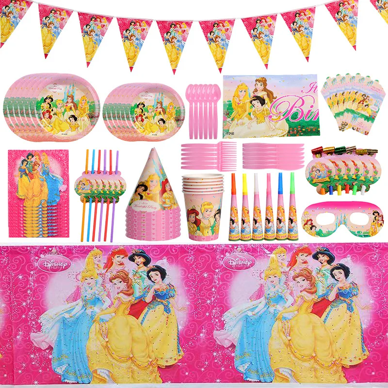 Disney Six Princesses Party Girls Birthday Party Decorations 6 Person Family Party Christmas Banner Cup Plate Disposable Tablewa