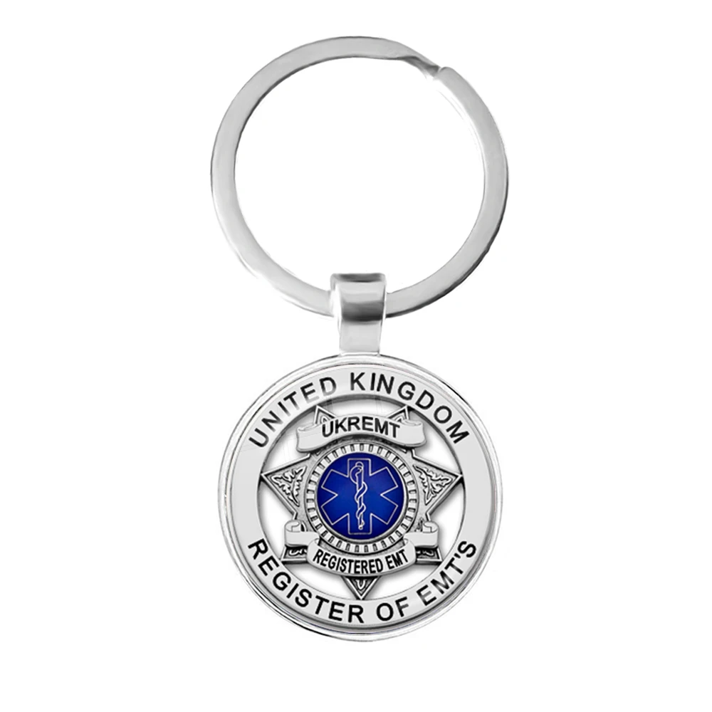 Emergency Medical Technician Paramedic Symbol Logo keychain Glass Cabochon Blue Star of Life EMT Sign Key Rings Holder For Gift