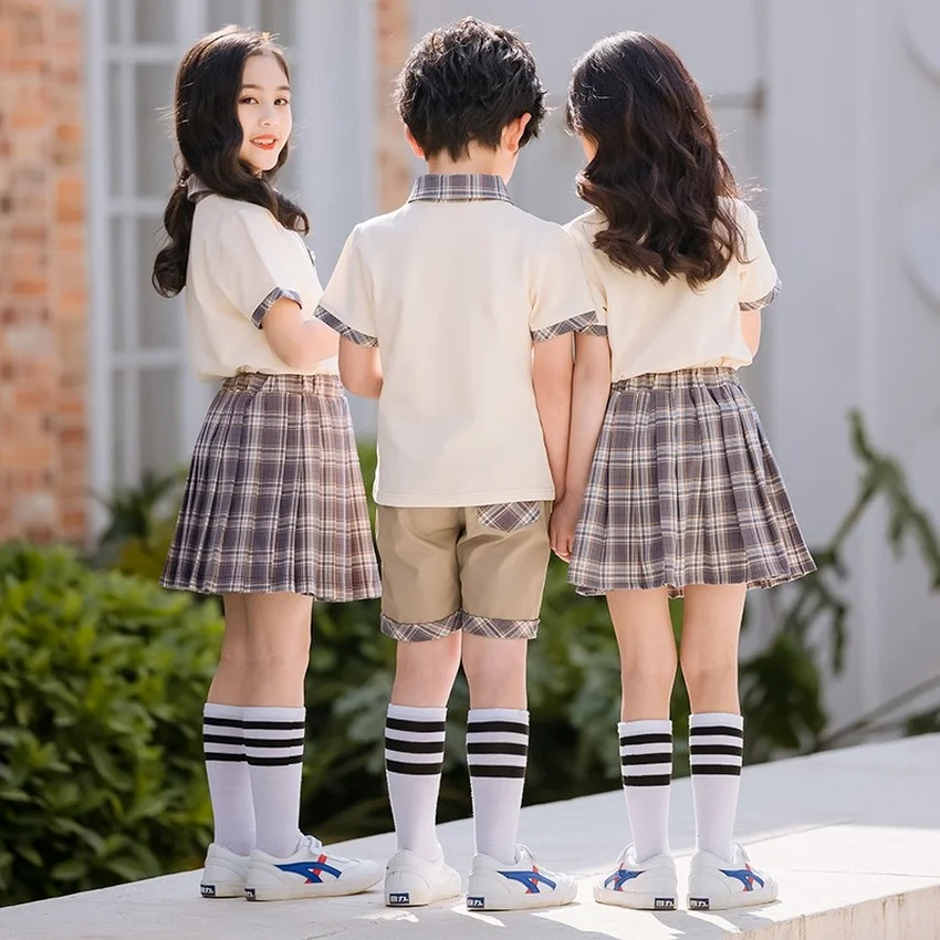 Conjunto de uniformes escolares infantis, 2pçs, estudantes, meninos, meninas, verão, algodão, tops, saia plissada, calças curtas, trajes fofos, coreano