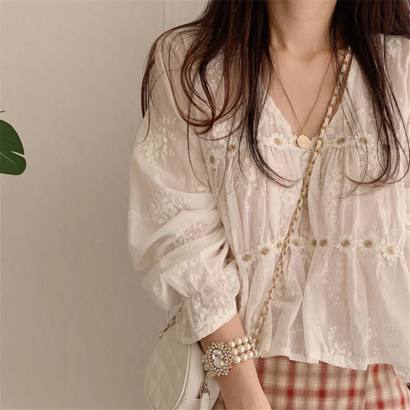 White Blouse Spring Hollow V-Neck Blouse Women Flower Loose Ladies Shirt Korean Sweet Long Sleeve