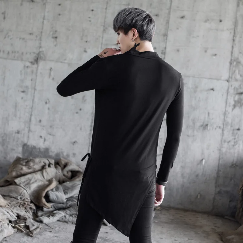 Men Punk Gothic Style Long Sleeve T-shirt High Street Fashion Hip Hop Male Asymmetry Hem Tees Shirts