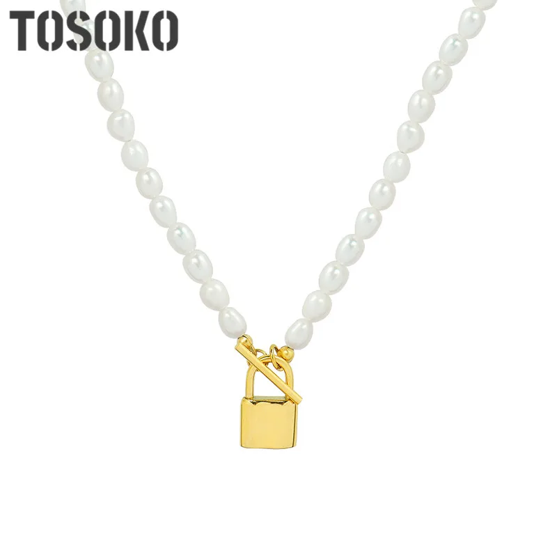 

TOSOKO Stainless Steel Jewelry OT Button Lock Freshwater Pearl Handmade Necklace Women's Elegant Fashion Necklace BSP102