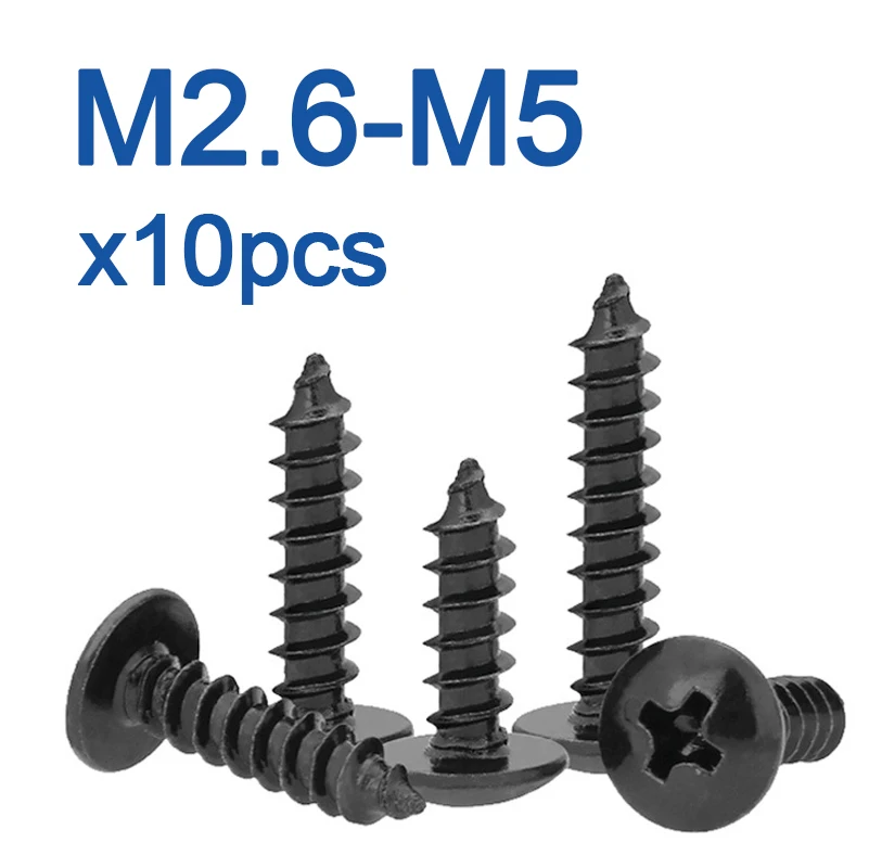 10 teile/los M2,6 M3 M3,5 M4 M5 SCHWARZ KOHLENSTOFFSTAHL Phillips Truss Kopf Kreuzschlitz Pilzkopf Selbstschneidende Schrauben