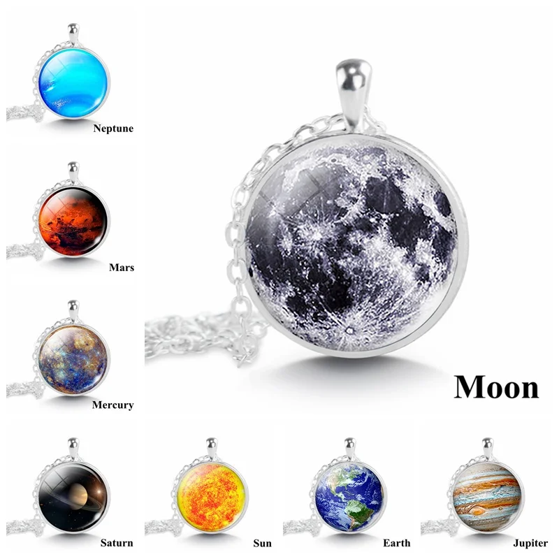 Solar System Planet Necklace Full Moon Glass Cabochon Pendant Necklace Universe Nebula Space Jewelry