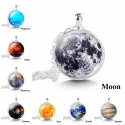 Solar System Planet Necklace Full Moon Glass Cabochon Pendant Necklace Universe Nebula Space Jewelry