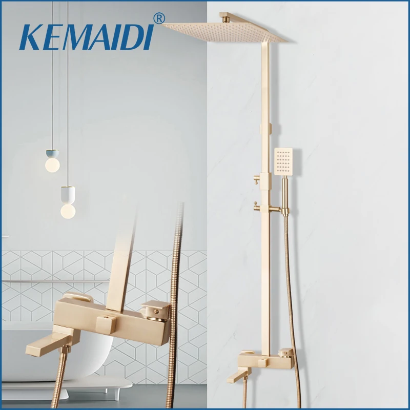 

KEMAIDI 12" Brush Gold Rainfall Shower Faucet Set Single Lever Bathtub Shower Mixer Faucet & Storage Shelf Shower Water Tap