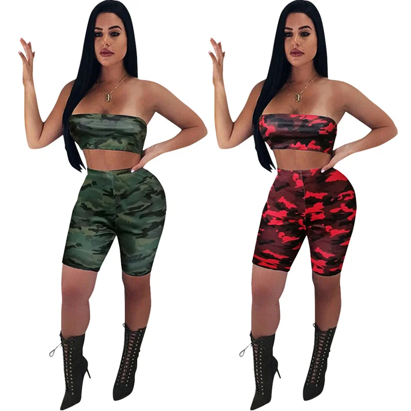 Gợi Cảm Ngụy Trang Hai Bộ Nữ Thể Dục Quần Áo Phù Hợp Với Hai Mảnh Ôm Vai Crop Top Bodycon Ngắn Tracksuits Phù Hợp Với Bộ