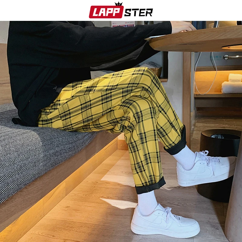 LAPPSTER Japanese Streetwear Baggy Black Plaid Pants Men Harajuku Sweatpants 2023 Man Casual Straight Joggers Pants Casual Pants