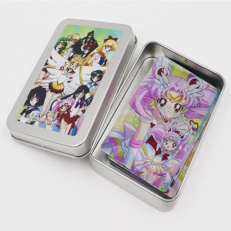 30PCS Sailor Tsukino Game Cards Iron Box Character Table Playing Toys For Family Children Gift