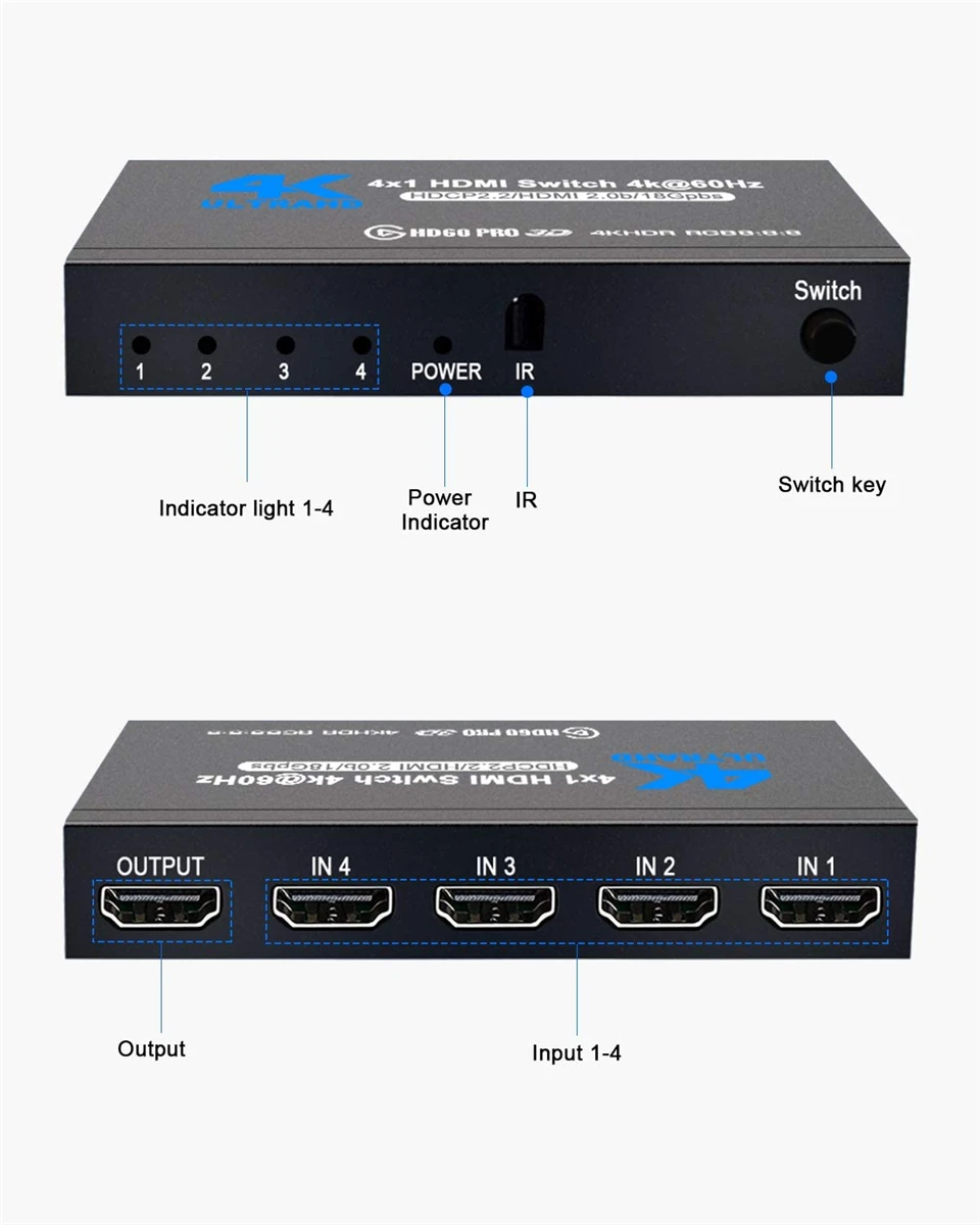 2026 Best 4K HDMI Switch 2.0 Support RGB 4:4:4 HDR HDMI Switch 4K 60Hz HDMI 2.0 Switch Remote IR UHD 4 Port HDMI Switch Switcher