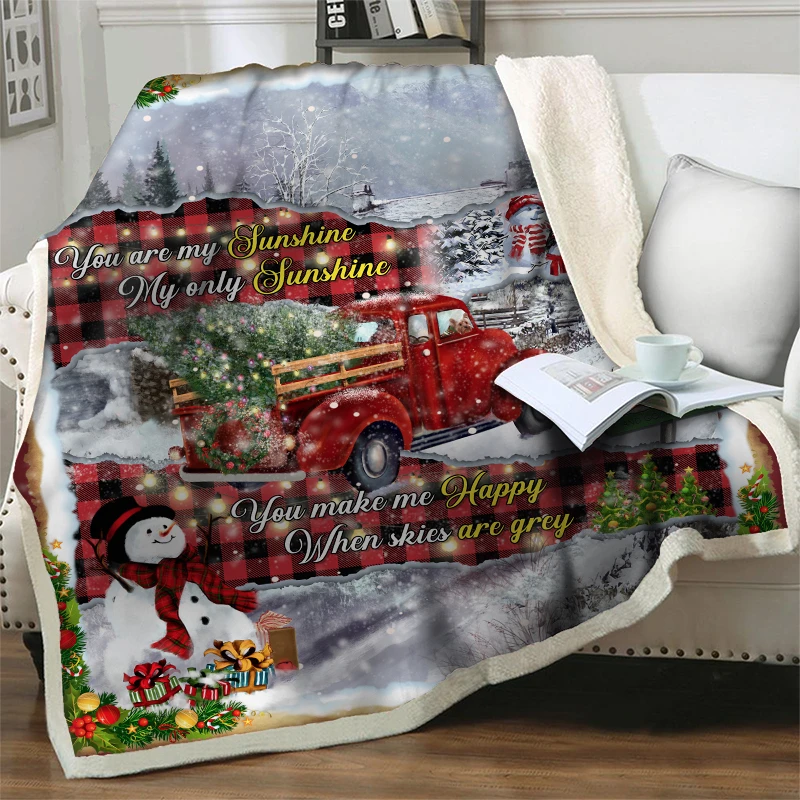 

Red Truck 3D Beddings Sherpa Blanket Soft Warm Snowman Print Office Nap Blankets For Beds Plush Throw Merry Christmas Home Decor