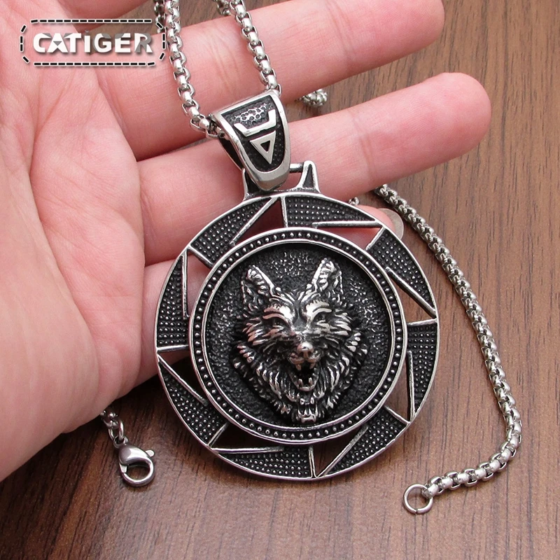 Punk 316L Stainless Steel Viking Amulet Norse Wolf Head Round Amulet Slavic Kolovrat Symbol Talisman Wolf Pendant