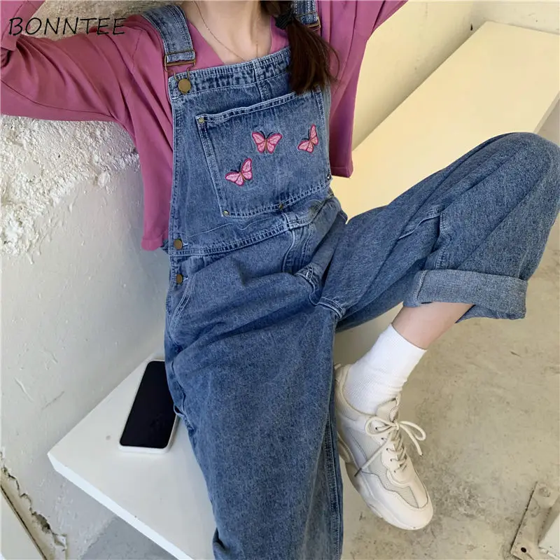 Jumpsuit Wanita Chic Kupu-kupu Bordir Korea Retro Denim Lurus Pinggang Tinggi Pakaian Wanita Saku Trendi Gadis Streetwear