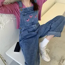 Kombinezony damskie eleganckie hafty motylkowe koreańskie Retro Denim proste, wysokiej talii odzież damska kieszeń modne dziewczęce Streetwear