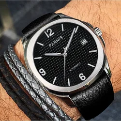 Fashion Parnis 40mm Black Dial Automatic Men Watch Leather Strap Sapphire Crystal Mechanical Luxury Watches relogio masculino