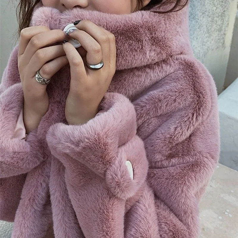 Women\'s Winter Cute Plush Coat Hooded Coat Buttoned Long Overcoat Shaggy Coat Faux Fur Coat Rabbit Fur Coat Female Hair Coat