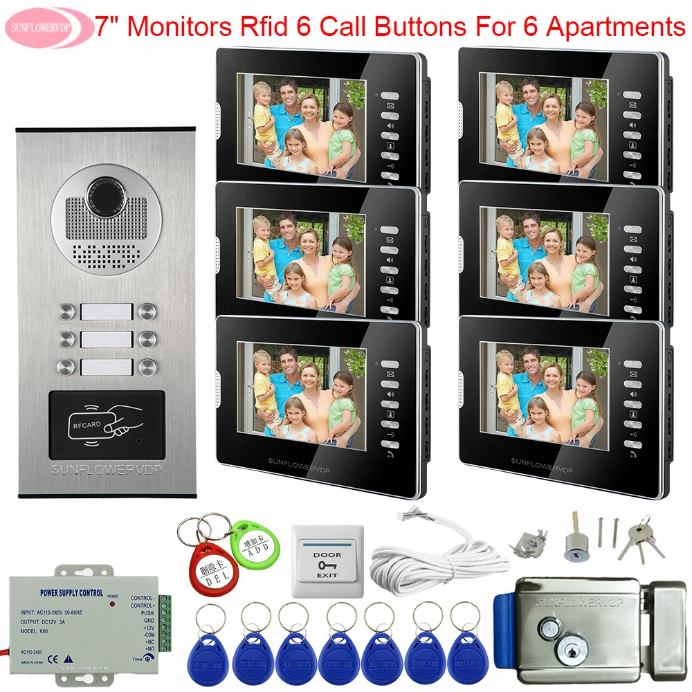Home Video Door Phone Intercom For 2/3/4/6 Apartments 7inch Video Intercom Access Control Home Security + Electronic Door Lock