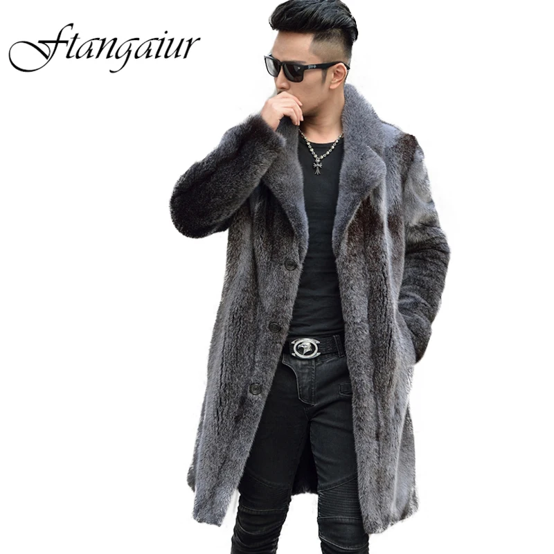 Ftangaiur Winter  Men Import Velvet Mink Fur Coat Turn-Down Collar Cool Mink Coats Men's X- Long Smart Causal Real Mink Coats