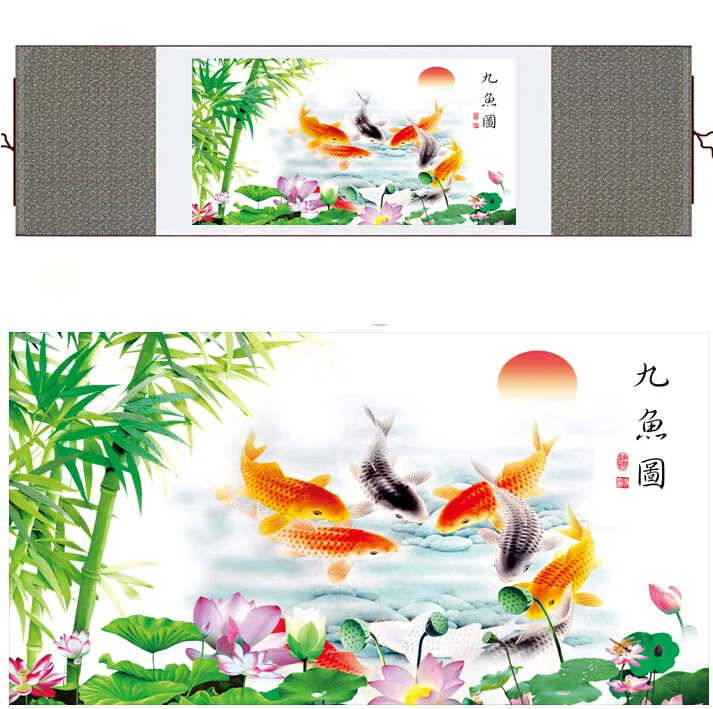 

Fish painting Silk traditional art Chinese painting traditional Fish picturePrinted painting