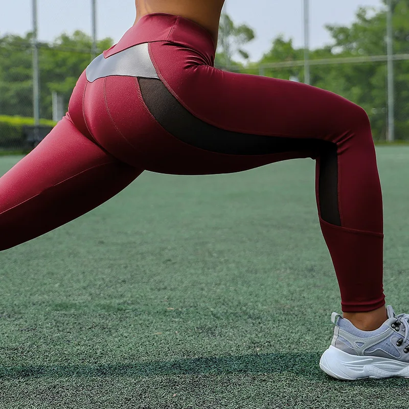Net Gauze & Leather Patchwork Fitness Yoga Legging Women High Waisted Tummy Control Sport Running Pants Stretchy Trouser