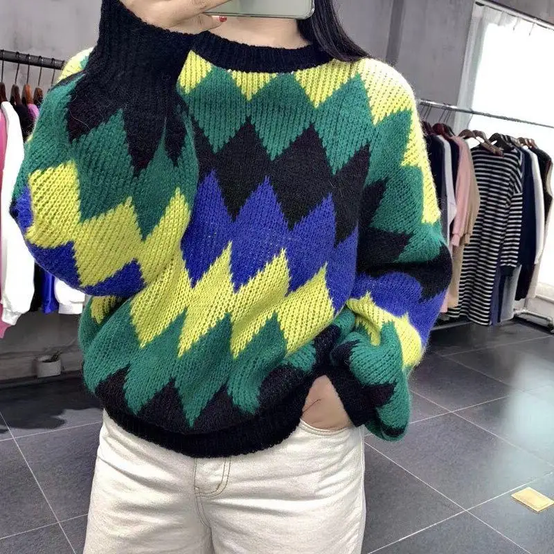 Multicolor Argyle Pullovers Sweater Women Fall Soft Cotton Loose Knitted Hot Tide Thick Winter Korean Casual Simple Chic Tops