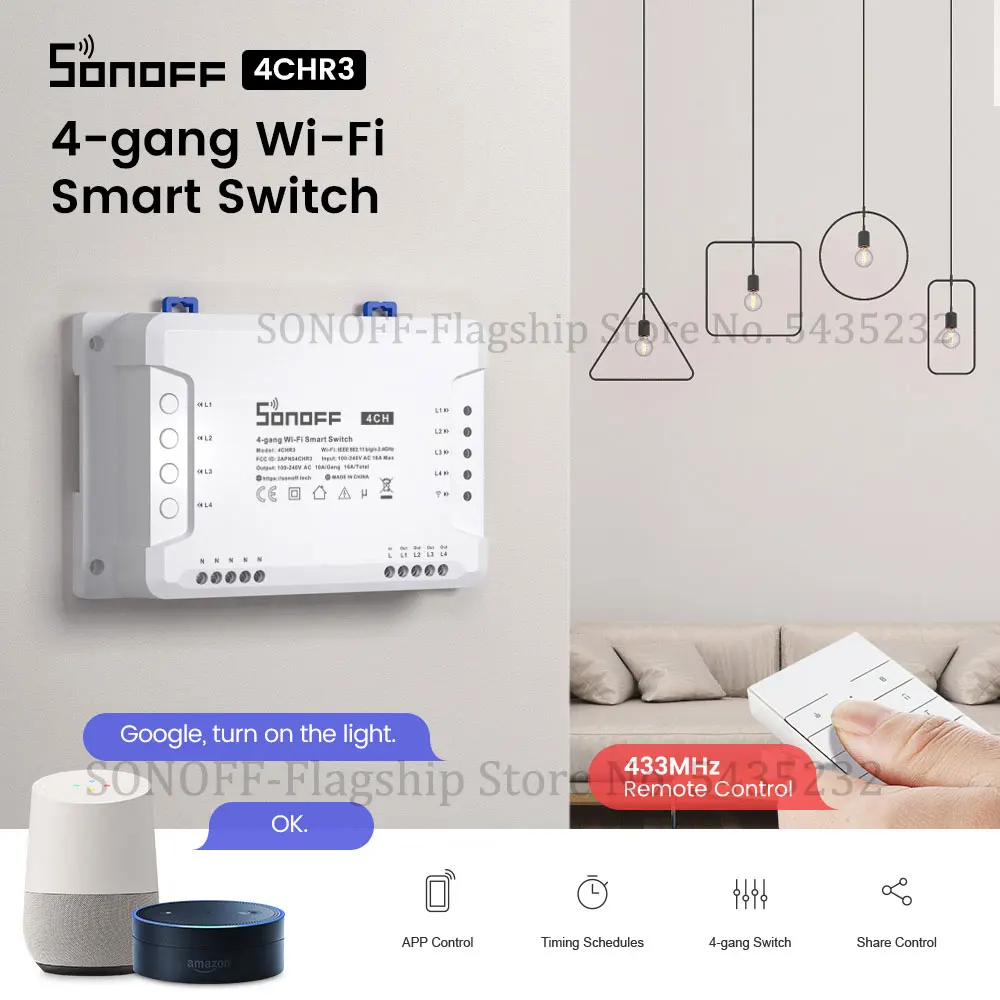 SONOFF-Módulo de relé de Control remoto inalámbrico Itead, 4 canales, R3, Wifi, temporizador de luz, Automatización del hogar inteligente