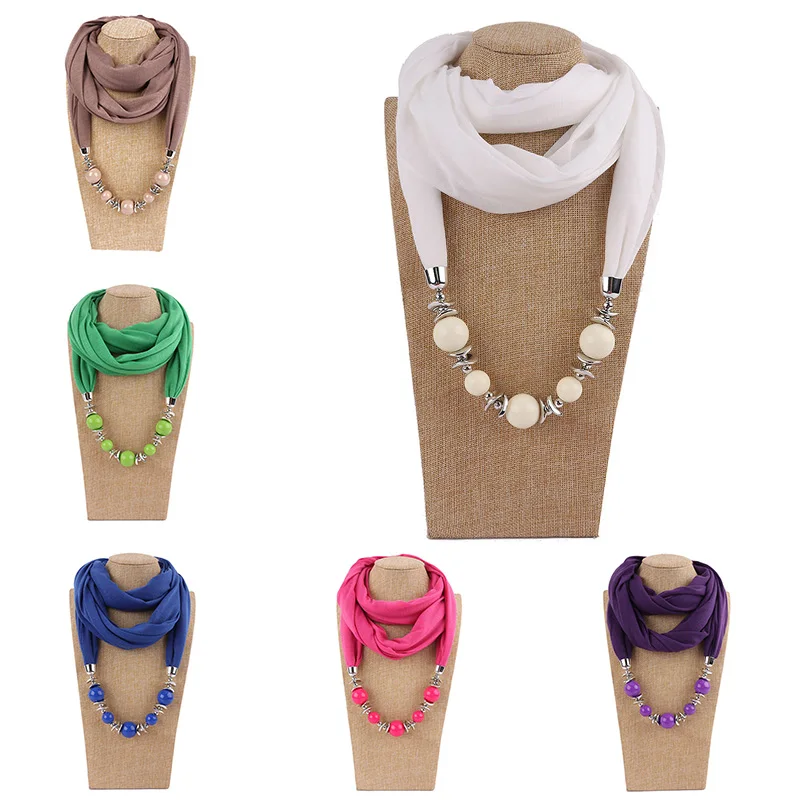 New Bead Pendant Necklace Scarf Head Scarves Solid Color Jewelry Women Foulard Female Accessories Muslim Hijab Scarf