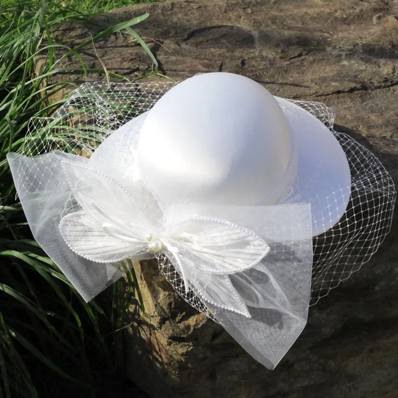 Wit Vrouwen Hoed Bruiloft Kopstuk Voor Bruid Hard Tulle Bow Met Sluier Украшение На Голову Frence Chapeau Mariage Femme