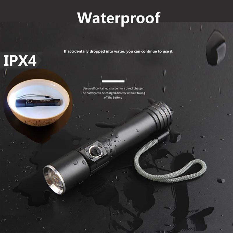 XM-L T6 Tail Magnet Built in 18650 Battery Led Flashlight Working Light Torch Zoomable Aluminum Waterproof for Camping Lantern