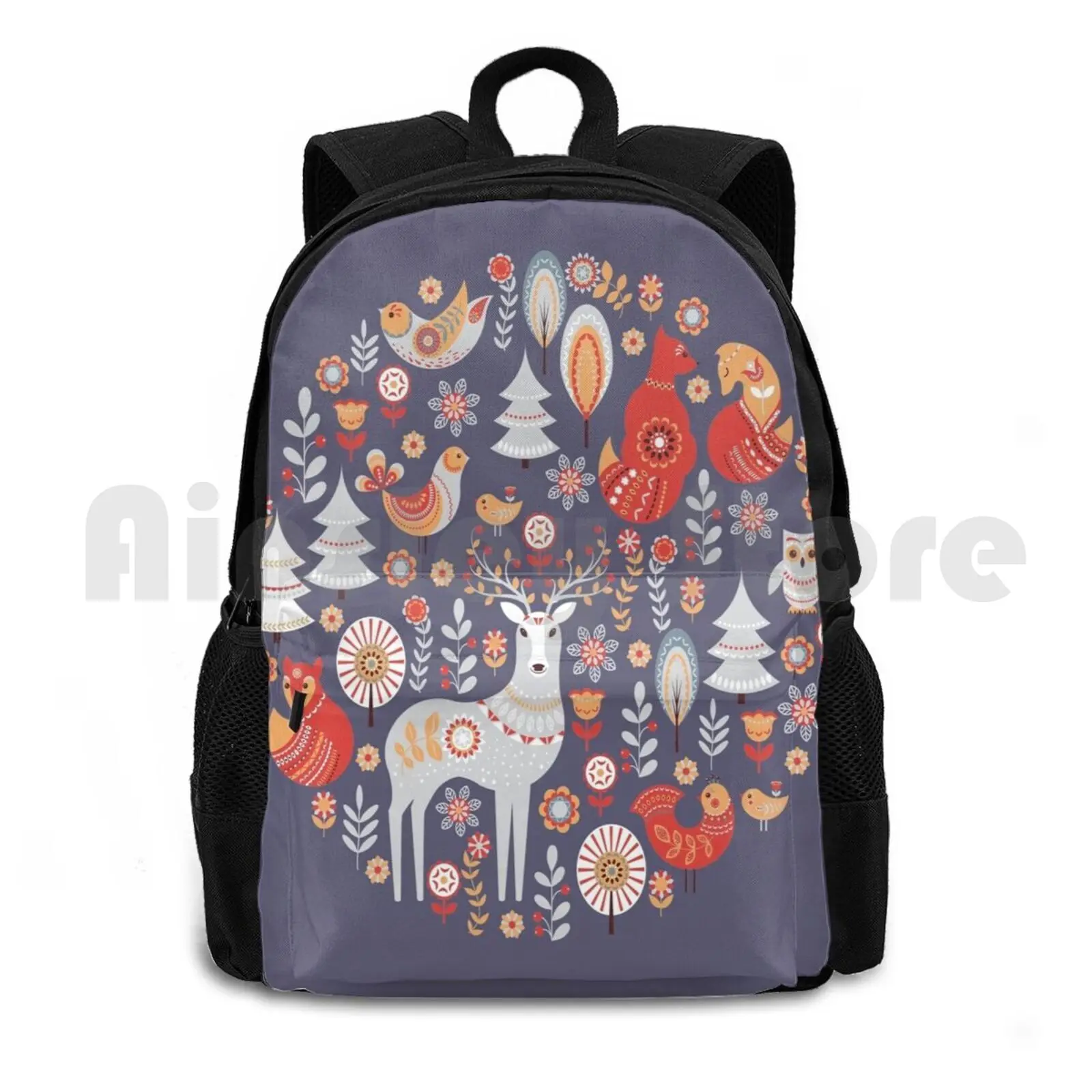 Fairy-Tale Forest. Foxes , Deer , Birds , Owls , Flowers And Herbs On A Blue Background. Outdoor Hiking Backpack Riding