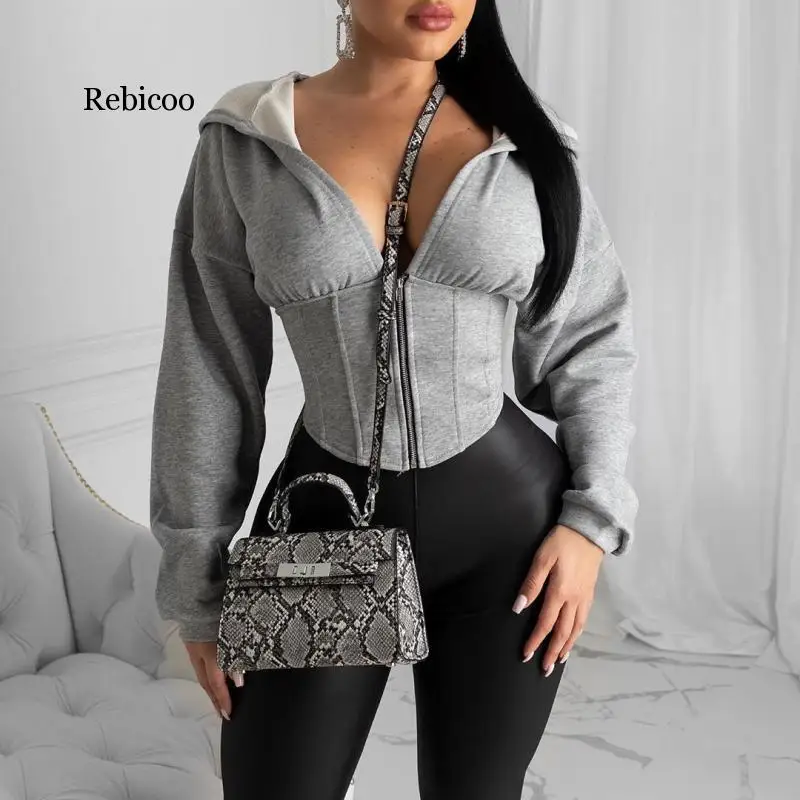 

Women Spring Autumn Long Sleeve Zip Hoodies Casual Solid Sweatshirt Sexy Slim Corset Sport Workout Gym Jacket