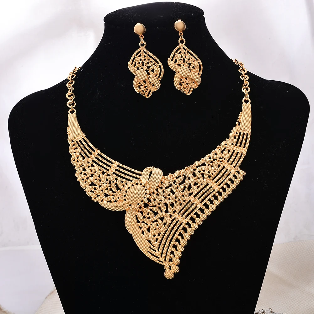 

Jewelry set 24K Gold Color Jewelry Sets For Women Bridal Luxury Necklace Earrings set Indian African wedding Heart gifts