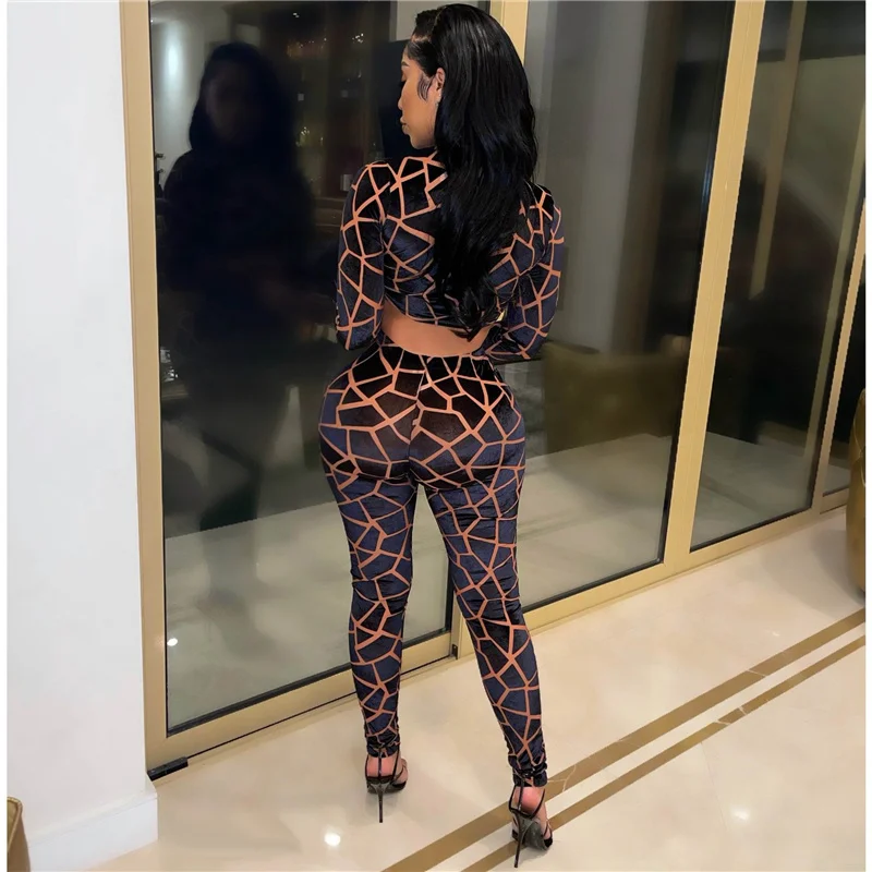 Plaid Printing 2 Piece Sets Womens Outfits Club Wear Long Sleeve Crop Top and Pant Suits Sexy Party Birthday Bodycon Co Ord Set