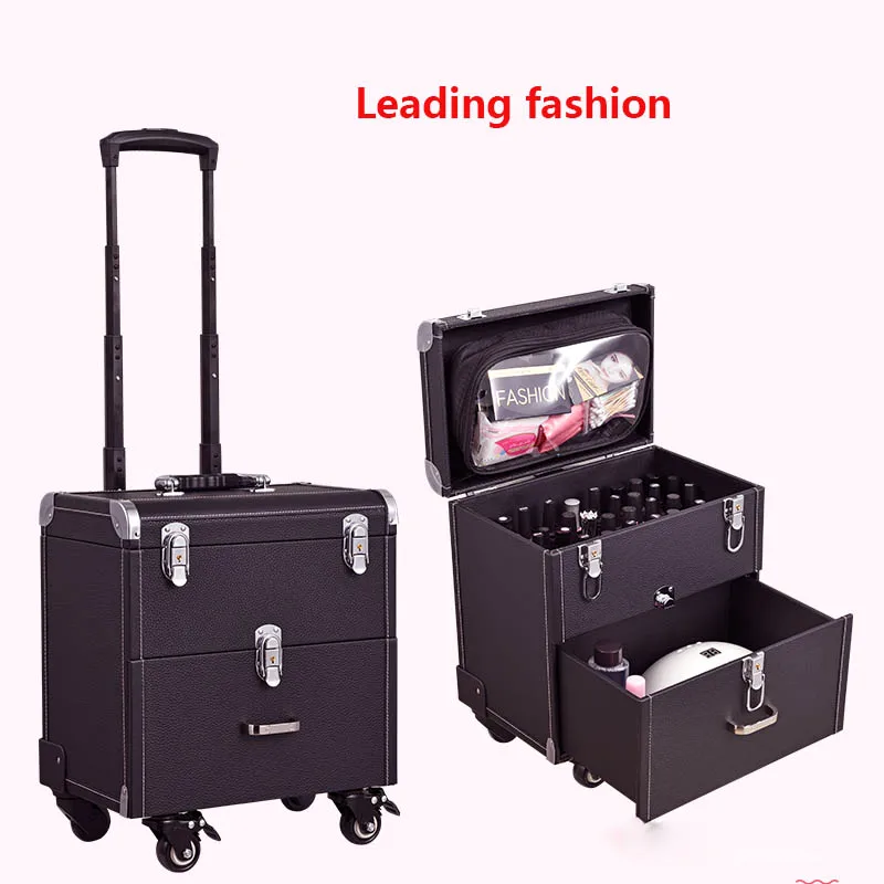 Professional Makeup Suitcase Trolley Case Travel Cosmetics Storage Organizer Tool Box Black Beauty Manicure Luggage Wheels Bags