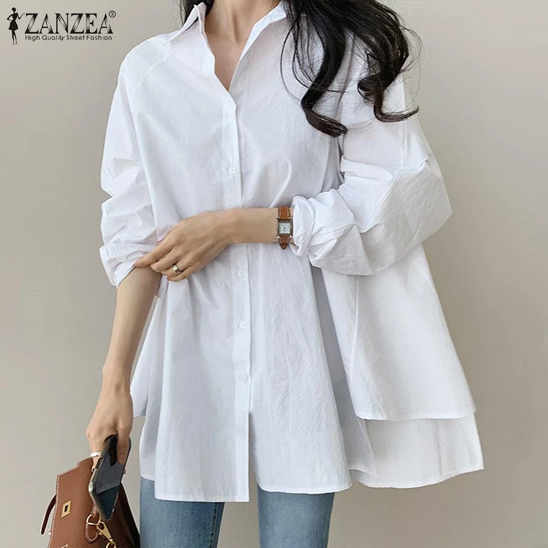 ZANZEA Women Autumn Blouse 2023 Fashion Lapel Long Sleeve White Shirts Asymmetrical Tops Casual Solid Buttons Blusas