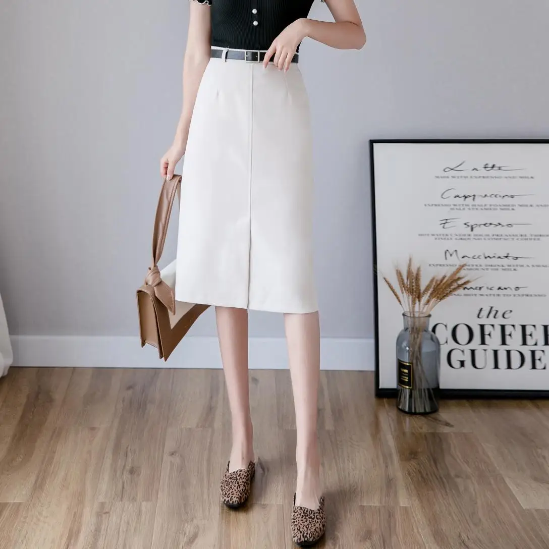 REALEFT Spring 2021 New Korean OL Style Wrap Skirts Solid A-Line Midi Skirts Front Split Sexy Sheath Skirts Belt Office Lady