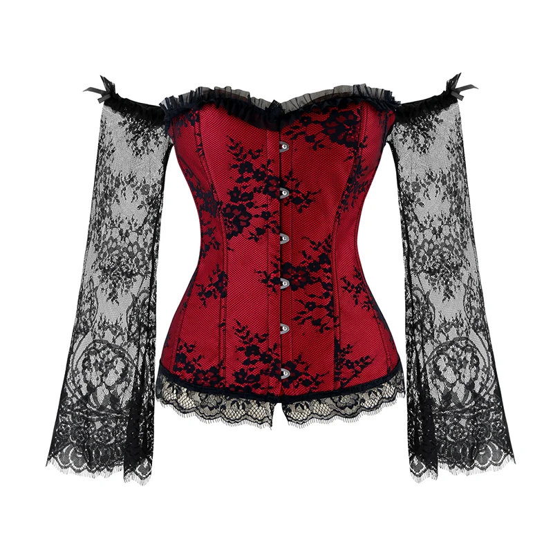 Steampunk Corset Bustier Gothic Corselet Corset Women Bustier Long Sleeve Lace Floral Off Shoulder Sexy Party Corset