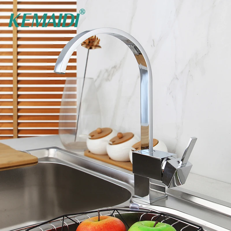 

KEMAIDI Kitchen Sink Faucet Chrome Polished Solid Brass Basin Sink Swivel Square Base Mixer Single Handle Tap Waterfall Taps