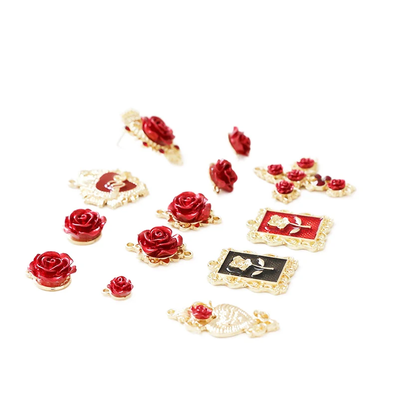 Red festive rose flower K gold Asian Gold Cross Diamond Pendant DIY jewelry earrings accessories material 2pcs