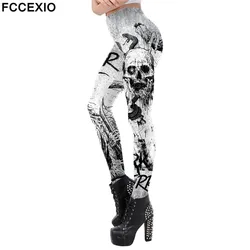 FCCEXIO Punk Rock Skull 3D Print Halloween Tight Leggings Sports Women Fitness Sexy Skinny Leggins Pant Women Party Long Pants