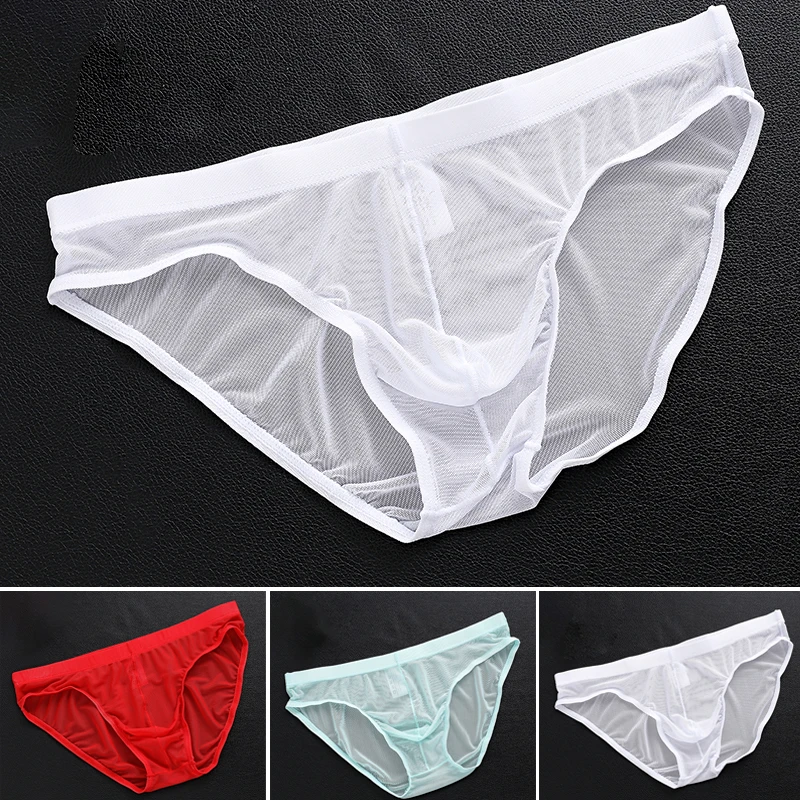 Men Briefs Sexy Tulle Netting Transparent Briefs Breathable Underpants Male Solid Color Elastic Soft Underwear