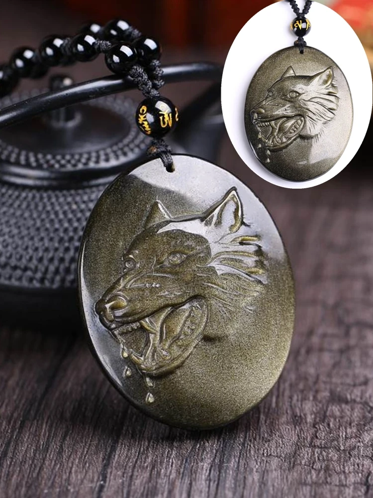 

Real golden obsidian wolf head necklace pendant hand-carved golden wolf head black gemstone lucky amulet men jewelry gift